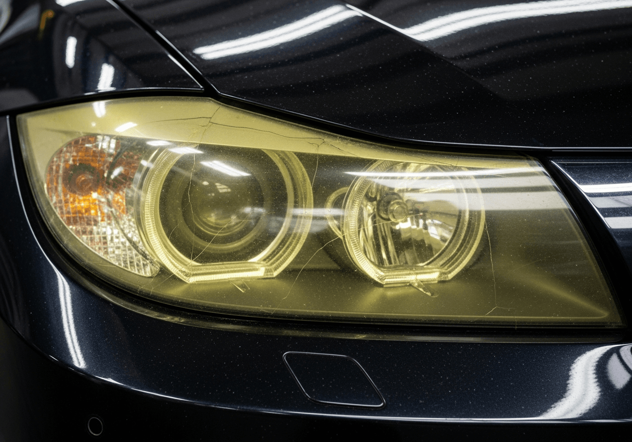 BMW 3 Series преди полиране на фарове